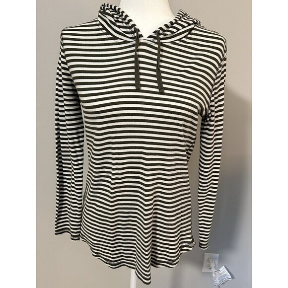 EDDIE BAUER Olive Green/white Striped Long Sleeve Hooded Shirt Women’s Medium - Picture 1 of 5